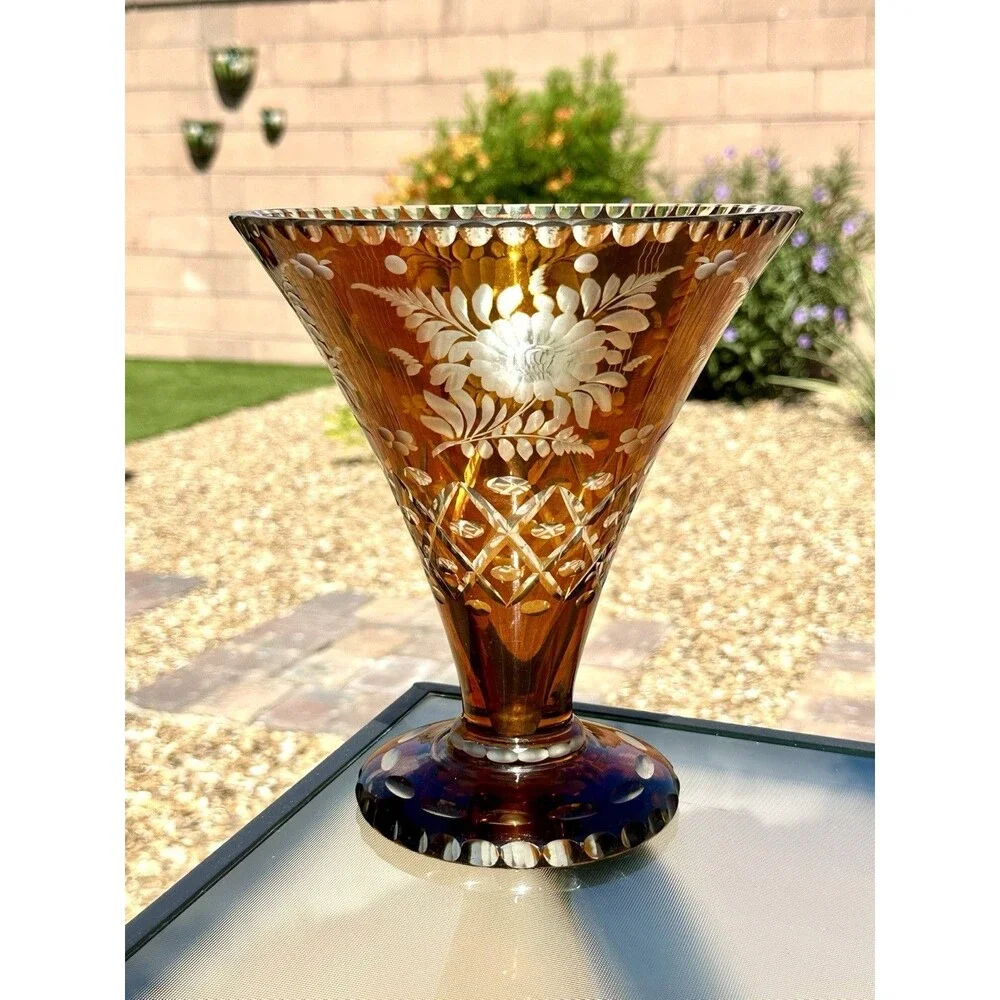 Vintage Bohemian Amber Flash Cut to Clear Glass Vase " Floral Engraved Czech - Picture 3 of 16